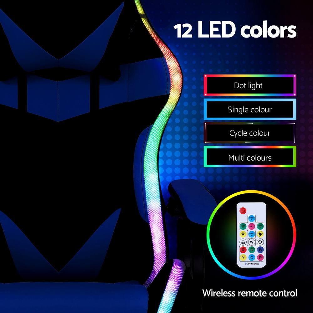 Artiss blue LED chair RGB light strip close-up with 12-colour modes and wireless remote callouts