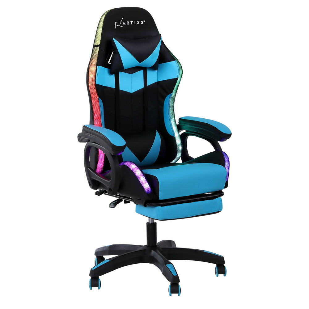 Artiss cyan RGB LED massage gaming chair with light strips lit in green, red and purple on white