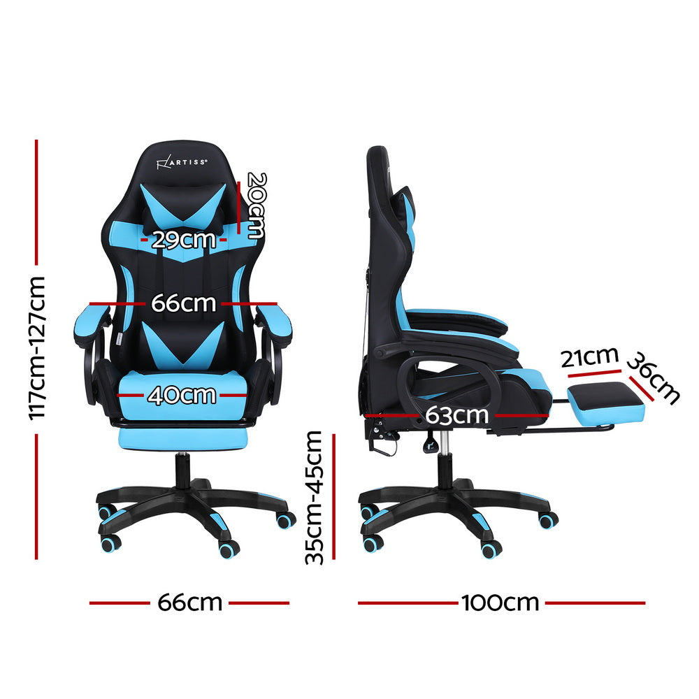 Artiss cyan LED massage chair dimensions diagram showing 117-127cm height and 66cm base width