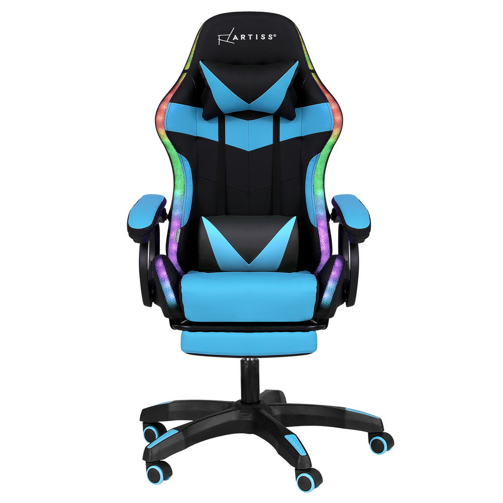 Front-on view of Artiss cyan and black RGB LED gaming chair with multi-colour light strips lit up