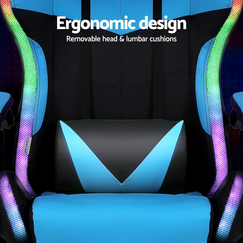 Close-up of Artiss cyan LED chair backrest with removable head and lumbar cushion ergonomic callouts