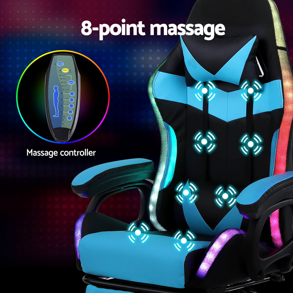 Artiss cyan LED chair diagram showing 8-point massage zones and round wired massage controller inset