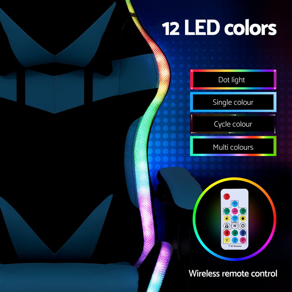 Artiss cyan LED chair RGB light strip close-up with 12-colour modes and wireless remote callouts