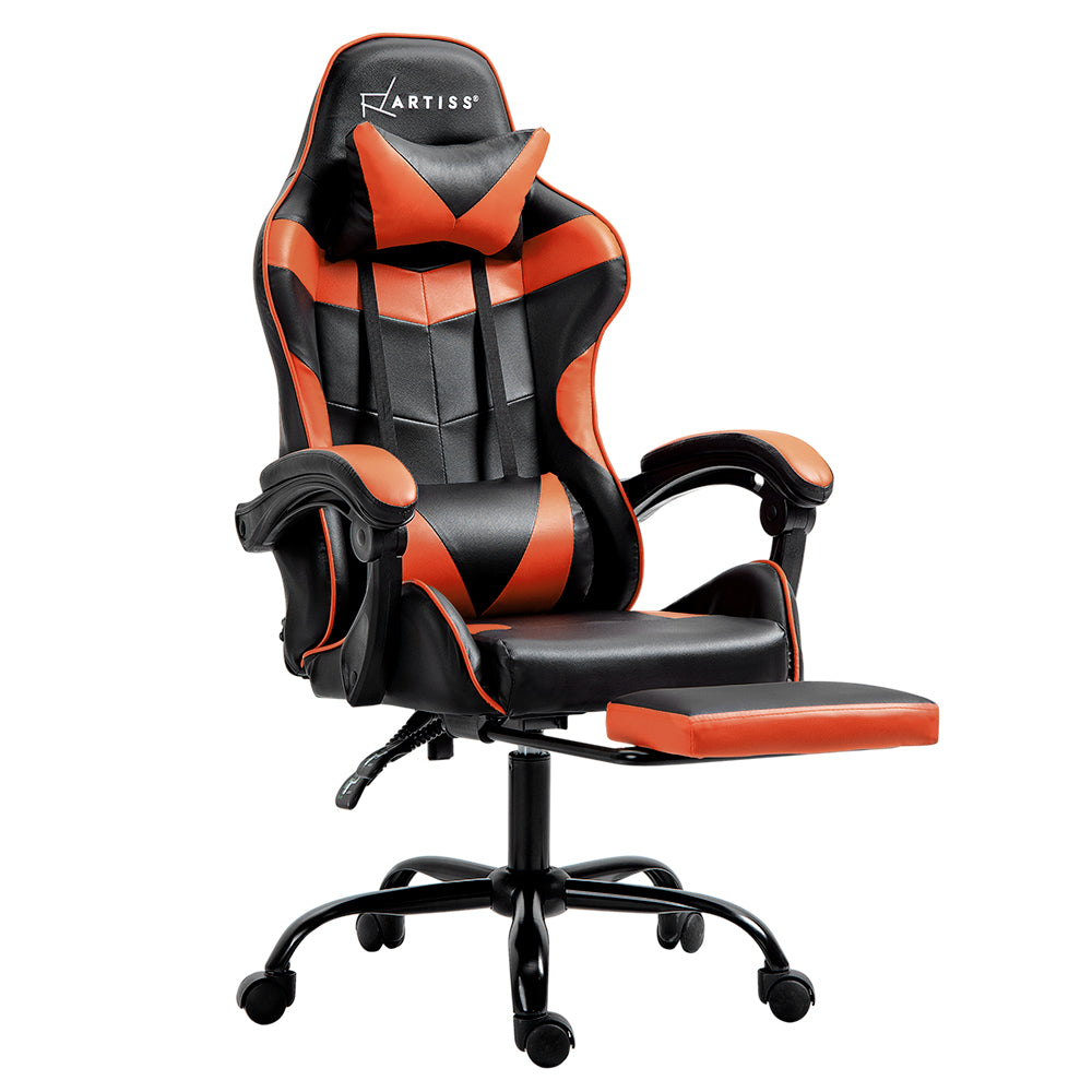 Three-quarter angled hero of Artiss black and orange gaming chair with footrest extended on white