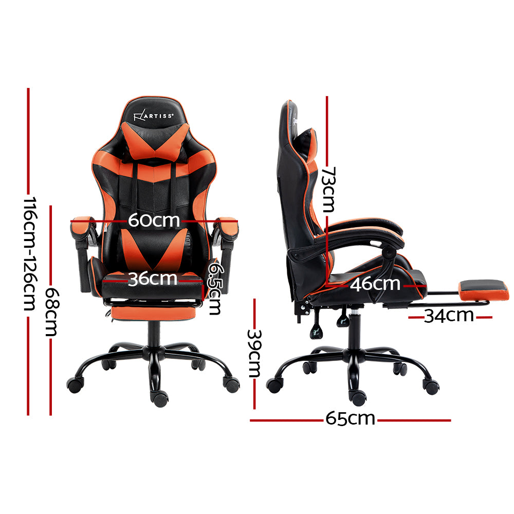 Artiss black and orange gaming chair dimensions diagram showing 116-126cm height and 65cm base