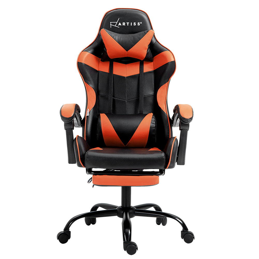 Front-on view of Artiss black and orange gaming chair with headrest, lumbar pillow and footrest