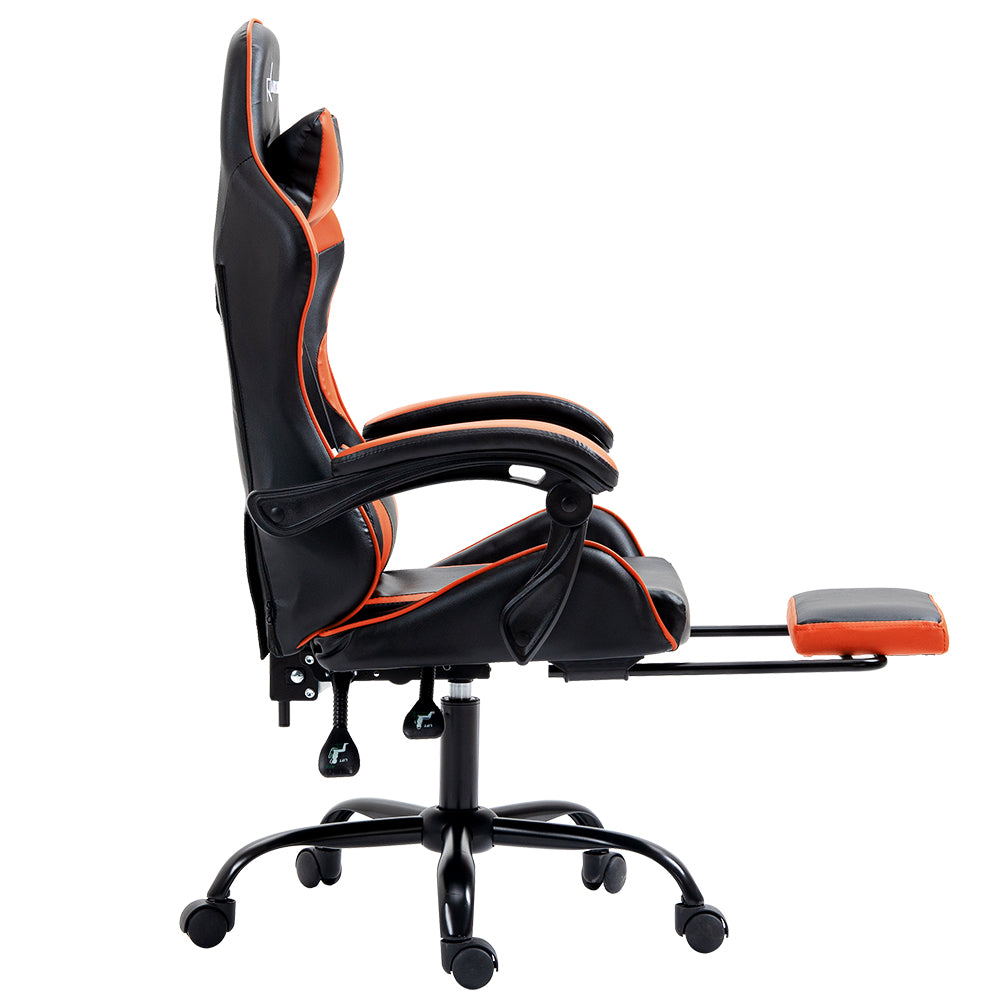 Side profile of Artiss black and orange gaming chair with footrest extended on white background