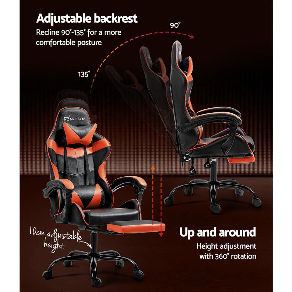 Artiss black and orange gaming chair recline diagram showing 90 to 135 degrees and height adjustment