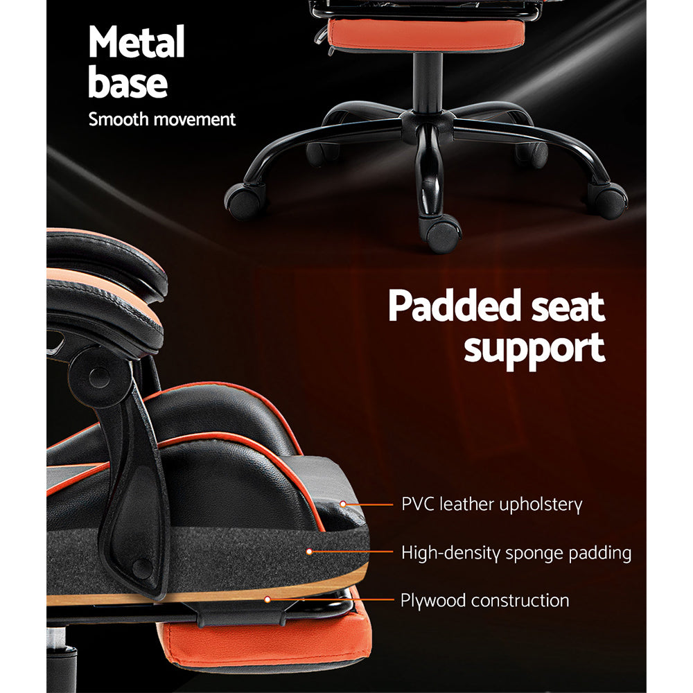 Artiss black and orange gaming chair callouts for metal base and PU leather padded seat layers