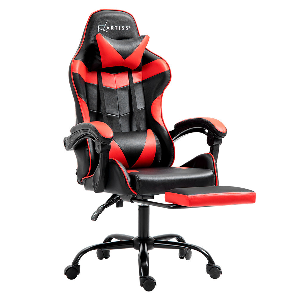 Three-quarter angled hero of Artiss black and red gaming chair with footrest extended on white background