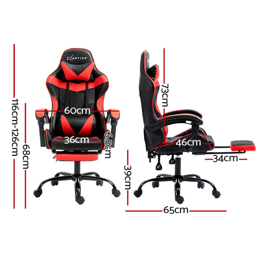 Artiss black and red gaming chair dimensions diagram showing 116-126cm height and 65cm base width