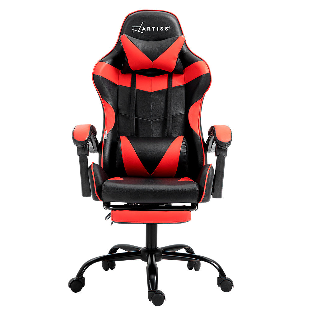 Front-on view of Artiss black and red gaming chair with headrest cushion, lumbar pillow and footrest