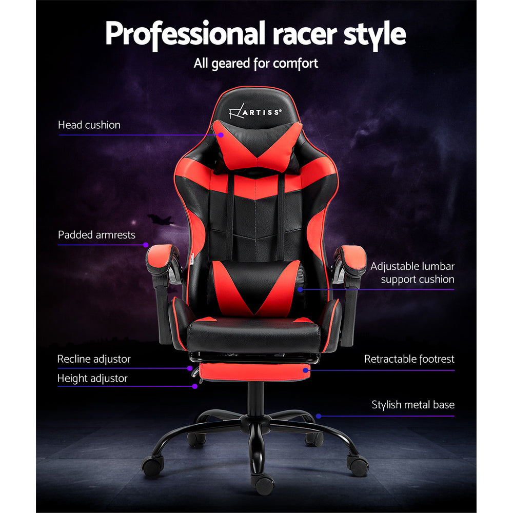 Artiss red gaming chair feature callout labelling head cushion, lumbar support, armrests and footrest