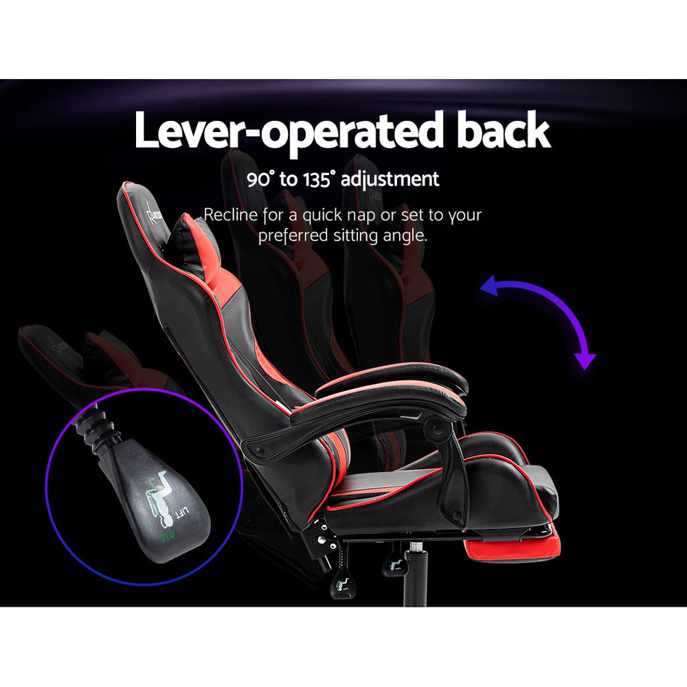 Artiss black and red gaming chair recline diagram showing 90 to 135 degree adjustment with lever inset