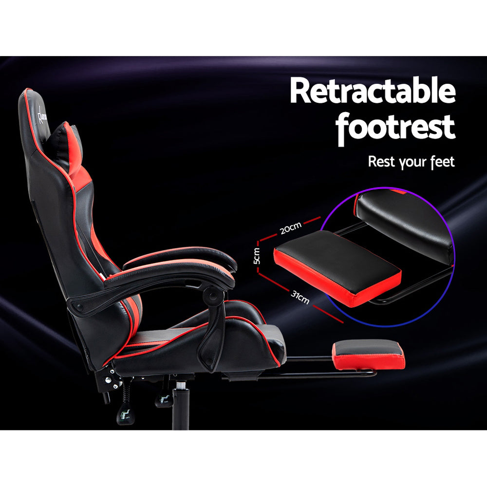 Artiss black and red gaming chair retractable footrest callout with 31cm by 20cm dimensions inset