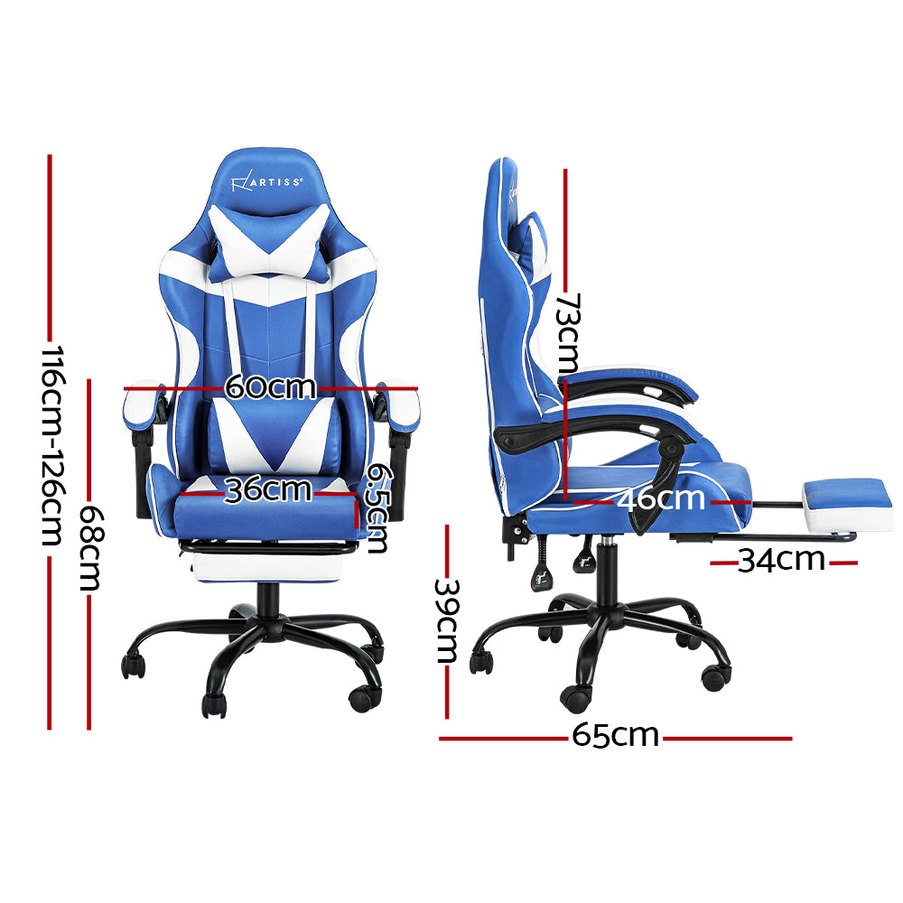Artiss blue and white gaming chair dimensions diagram showing 116-126cm height and 65cm base width