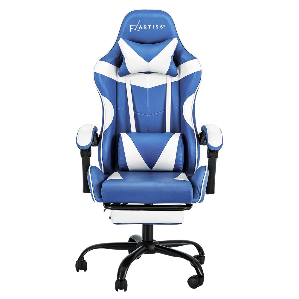 Front-on view of Artiss blue and white gaming chair with headrest, lumbar pillow and footrest