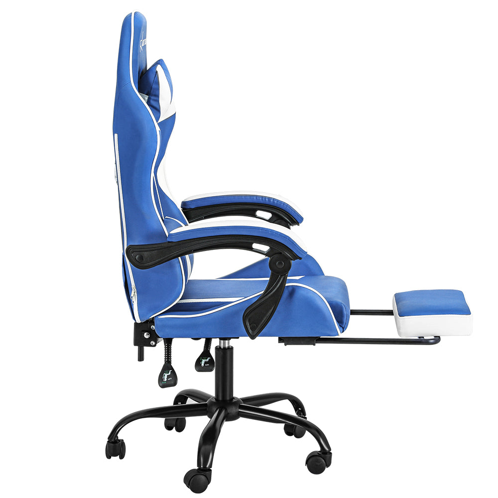 Side profile of Artiss blue and white gaming chair with footrest extended on white background