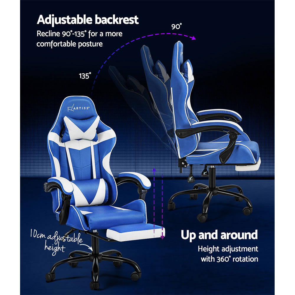 Artiss blue and white gaming chair recline diagram showing 90 to 135 degrees and 10cm height adjustment