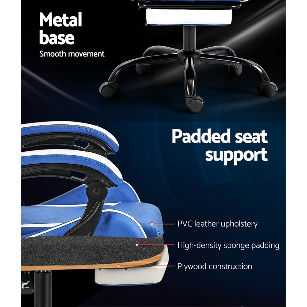 Artiss blue and white gaming chair callouts for metal base and PU leather padded seat layers