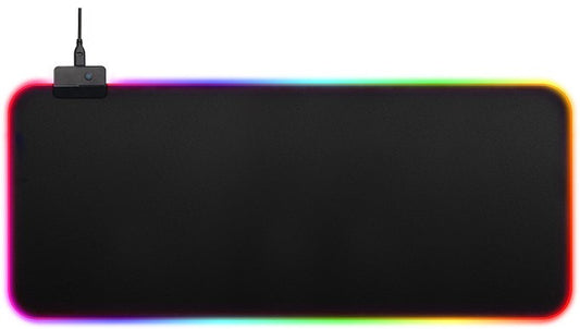Laser extra-large RGB LED gaming mouse pad in black with rainbow edge lighting, top-down studio shot