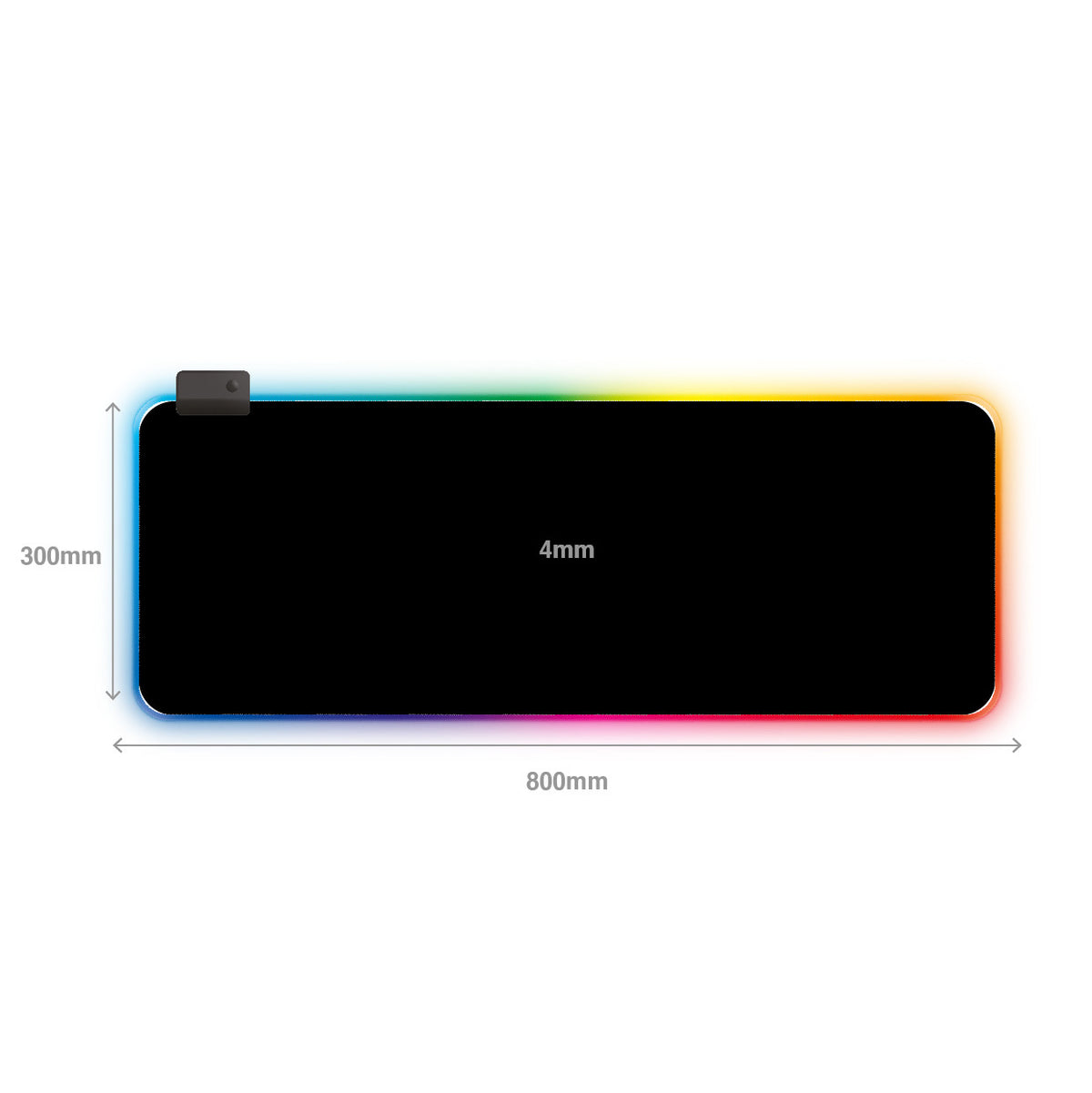 Laser RGB LED gaming mouse pad dimensions diagram showing 800mm by 300mm by 4mm size and rainbow edge