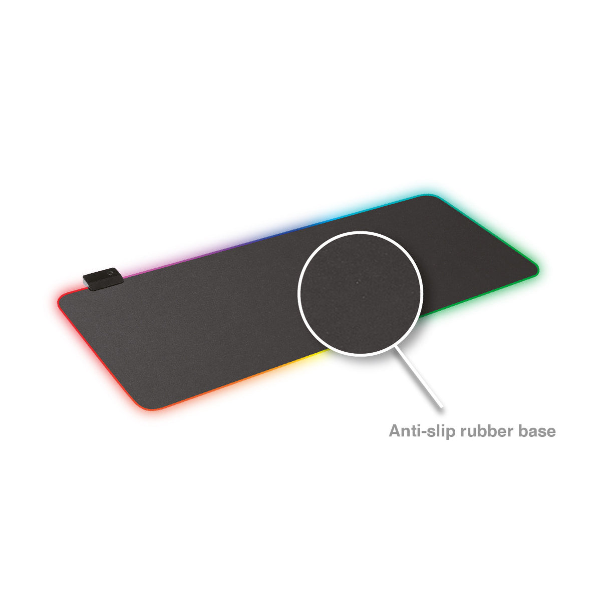 Laser RGB LED gaming mouse pad raised angle showing anti-slip rubber base detail callout