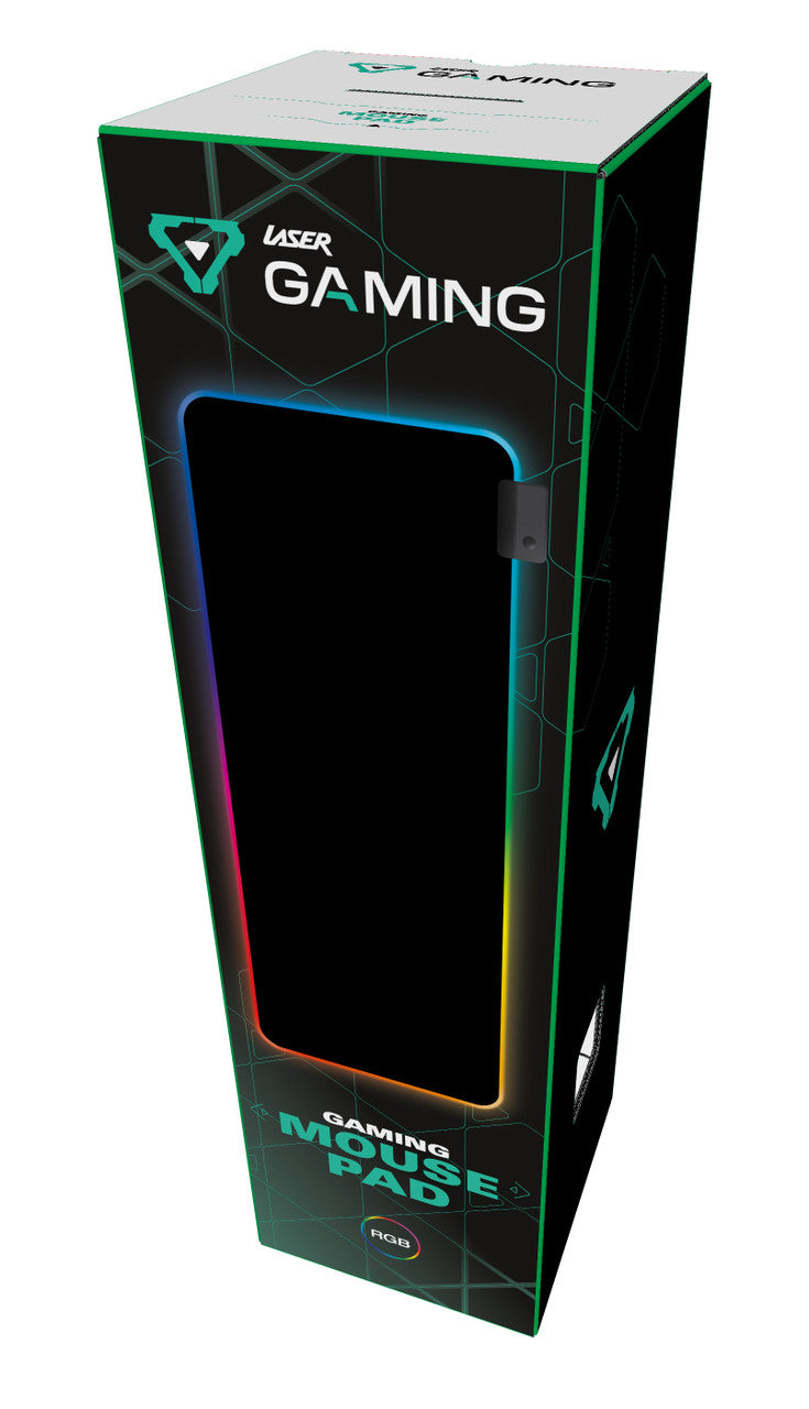 Laser RGB LED gaming mouse pad retail box front with rainbow edge lit pad illustration