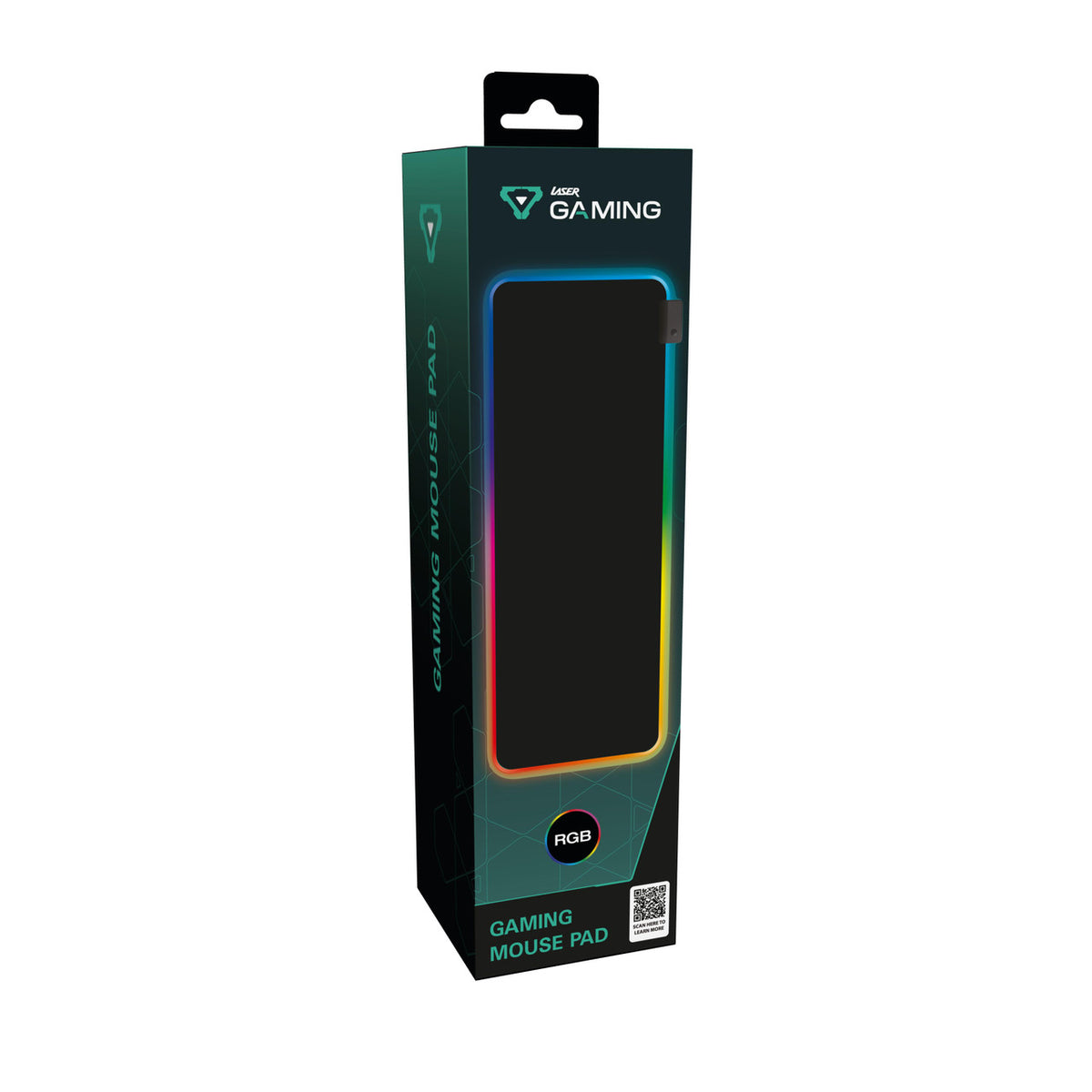 Laser RGB LED gaming mouse pad retail box front in green colourway with rainbow edge lit illustration