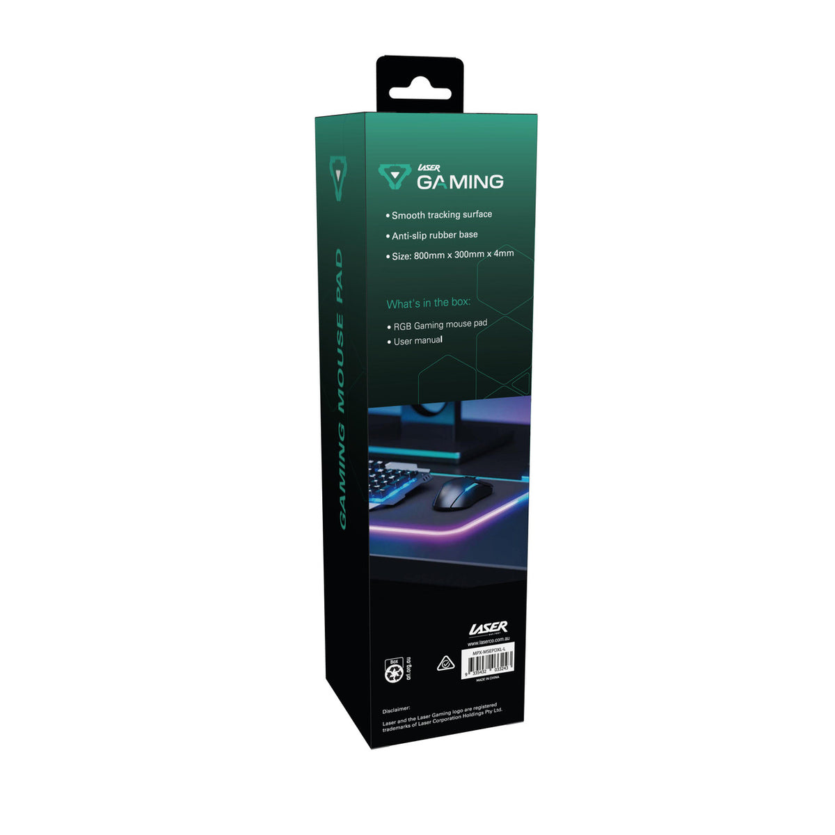 Laser RGB LED gaming mouse pad retail box back showing size specs and what is in the box list