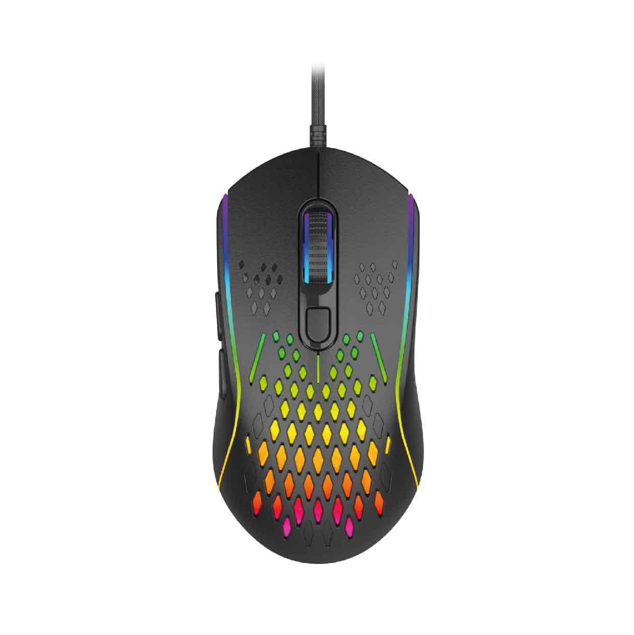 Top view of Laser RGB lightweight gaming mouse in black with honeycomb shell lit rainbow