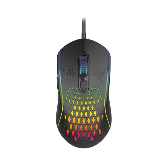 Top view of Laser RGB lightweight gaming mouse in black with honeycomb shell lit rainbow
