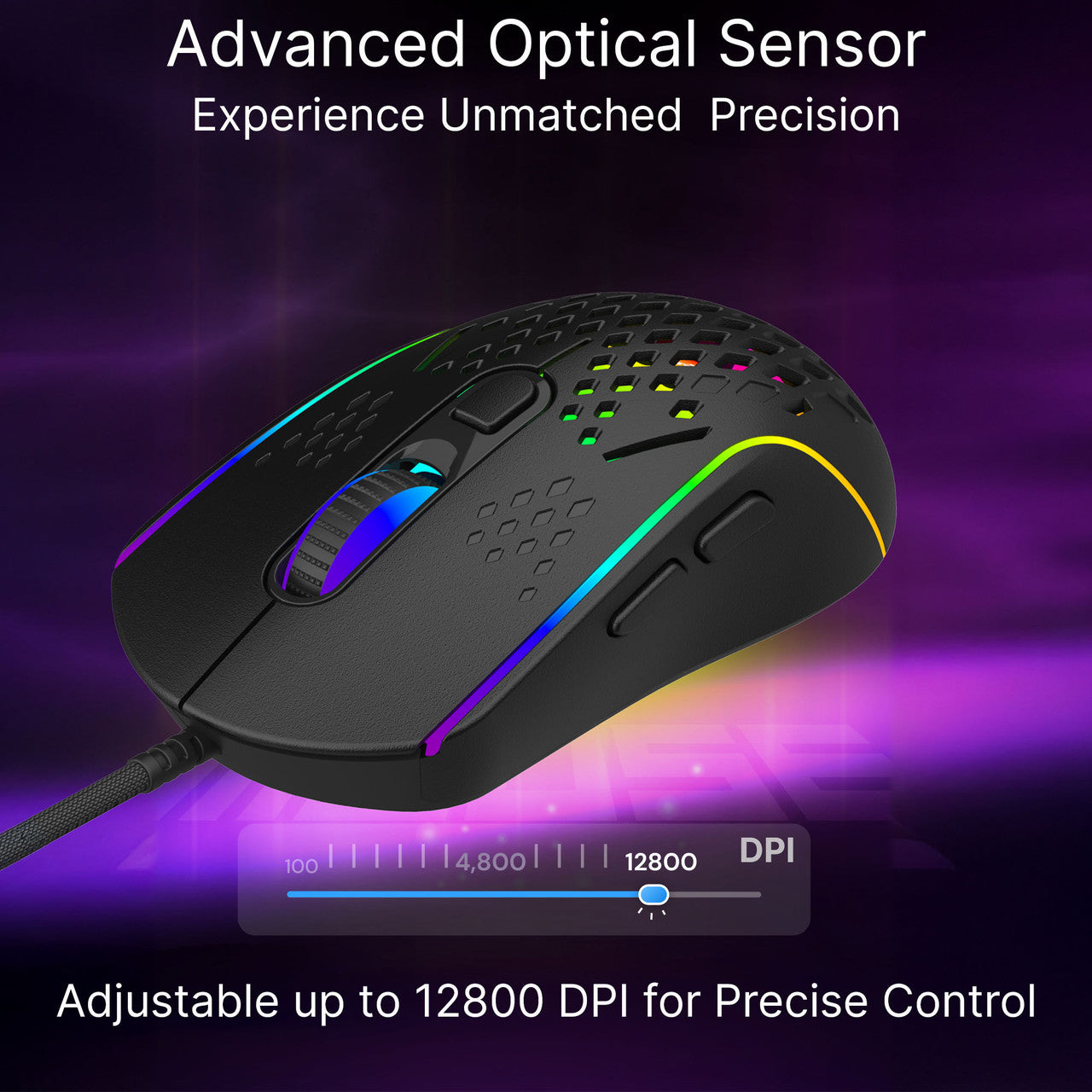 Laser RGB lightweight gaming mouse in black with optical sensor and 12800 DPI adjustment callout