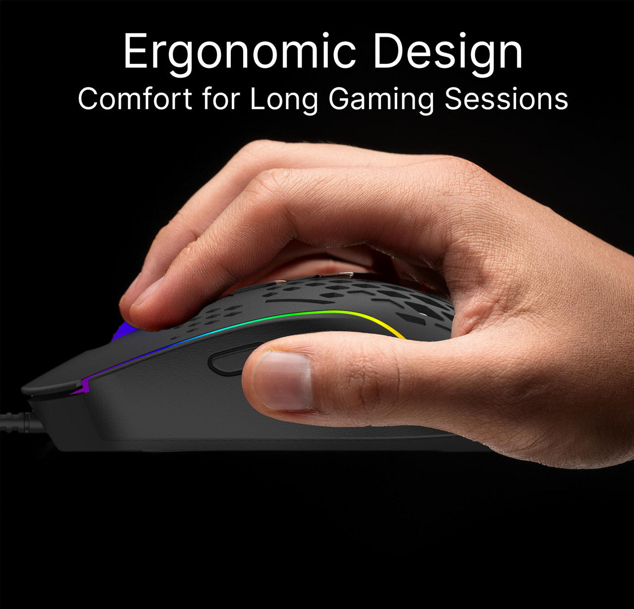 Hand gripping Laser RGB lightweight gaming mouse in black showing ergonomic shape and RGB side strip