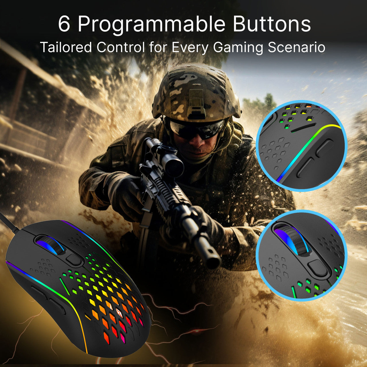 Laser RGB lightweight gaming mouse in black showing six programmable buttons feature callout