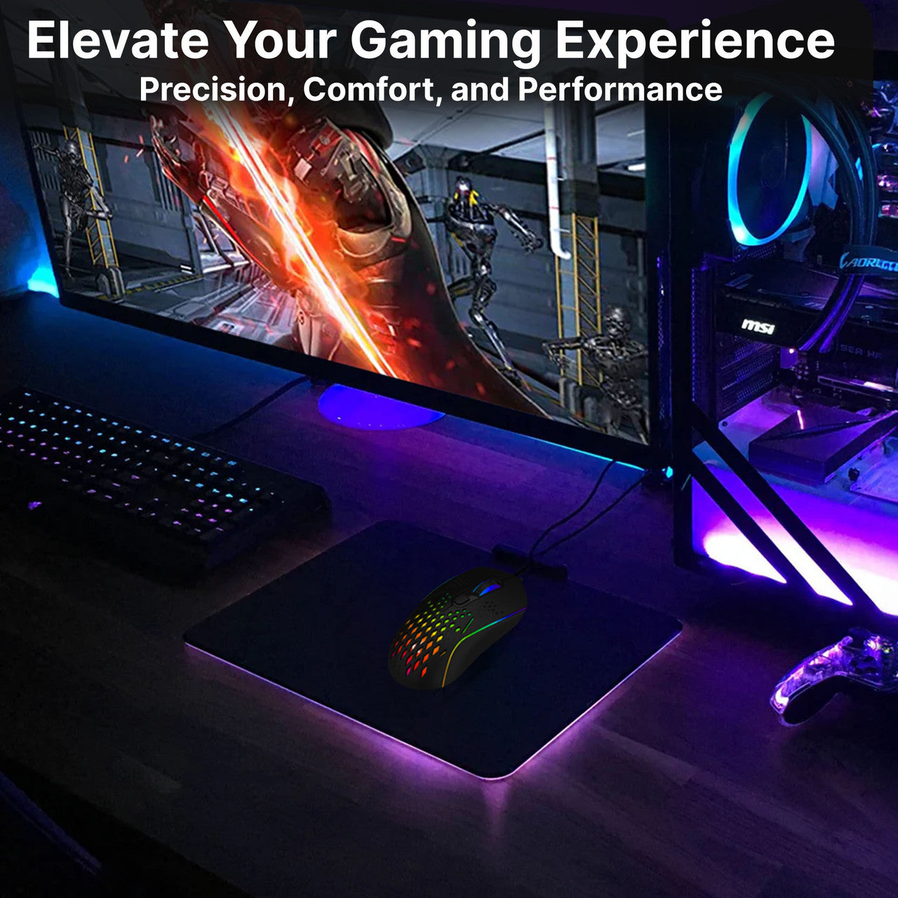 Laser RGB lightweight gaming mouse in black in use on an RGB mouse pad with curved monitor setup