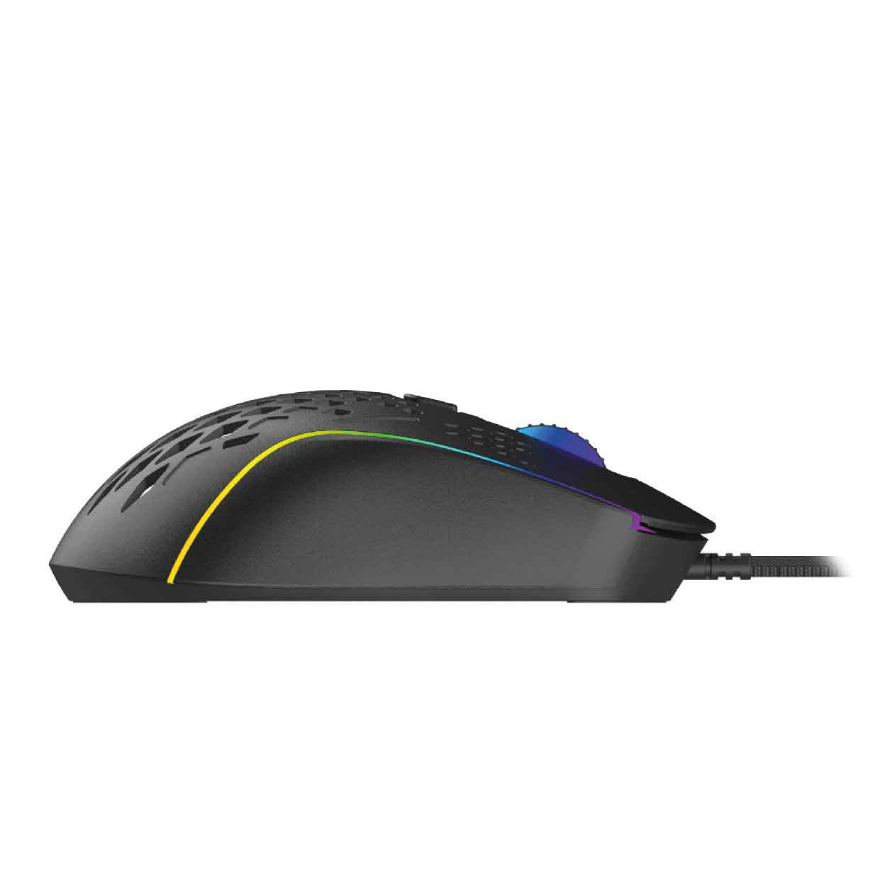 Side profile of Laser RGB lightweight gaming mouse black showing yellow RGB strip and honeycomb cutouts