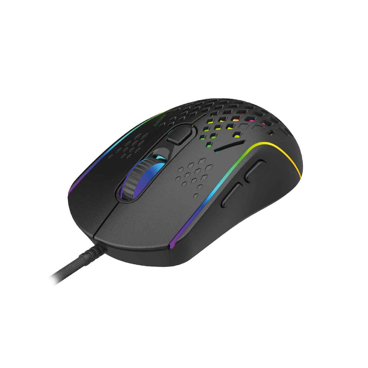 Three-quarter view of Laser RGB lightweight gaming mouse black with rainbow lit honeycomb shell