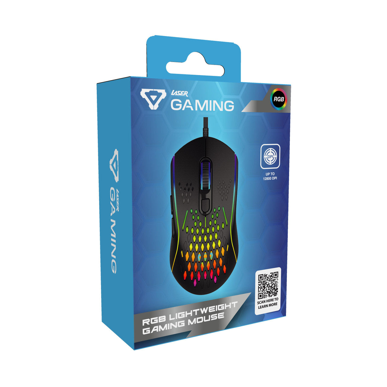 Laser RGB lightweight gaming mouse in black retail box front with up to 12800 DPI callout