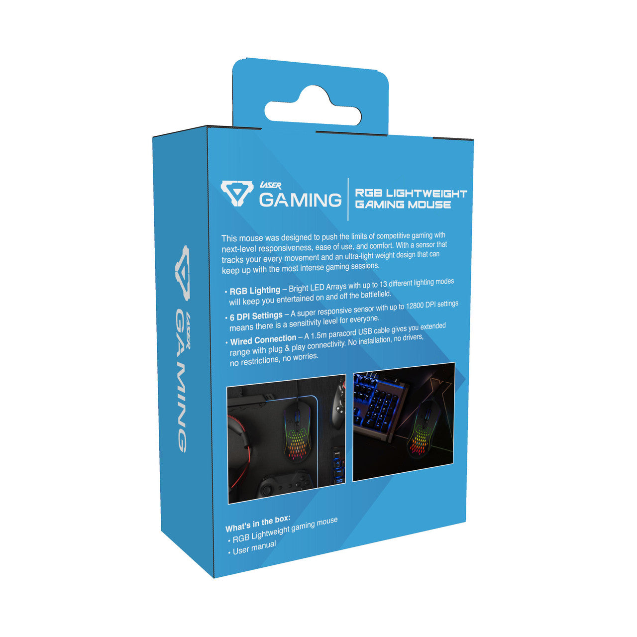 Laser RGB lightweight gaming mouse in black retail box back with features and what is in the box list
