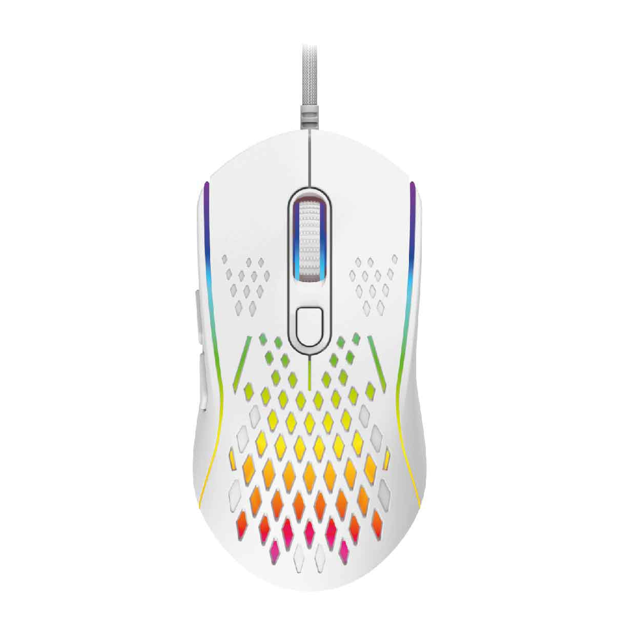 Top view of Laser RGB lightweight gaming mouse in white with honeycomb shell lit rainbow