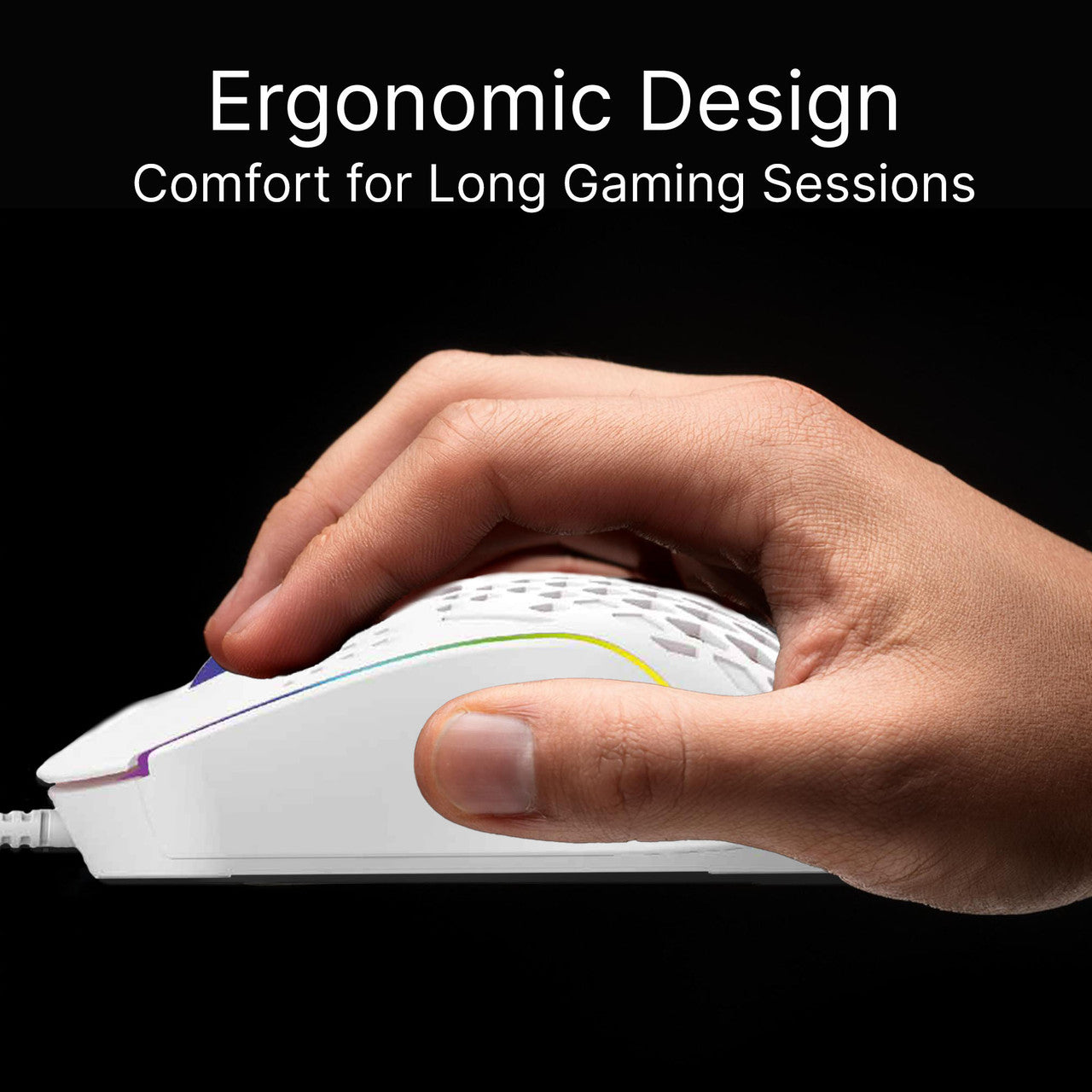 Hand gripping Laser RGB lightweight gaming mouse in white showing ergonomic shape and side RGB strip