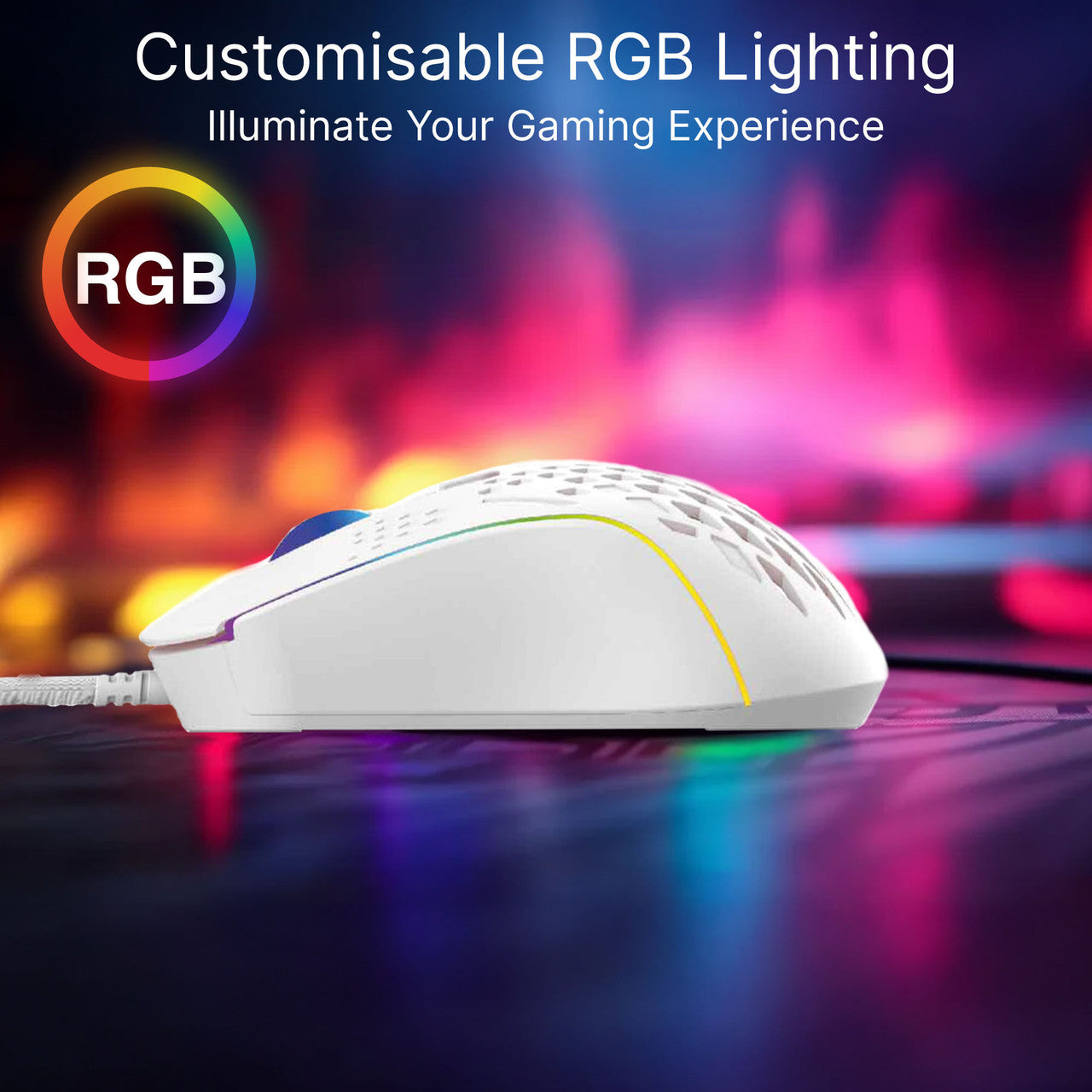 Laser RGB lightweight gaming mouse in white side angle with customisable RGB lighting callout