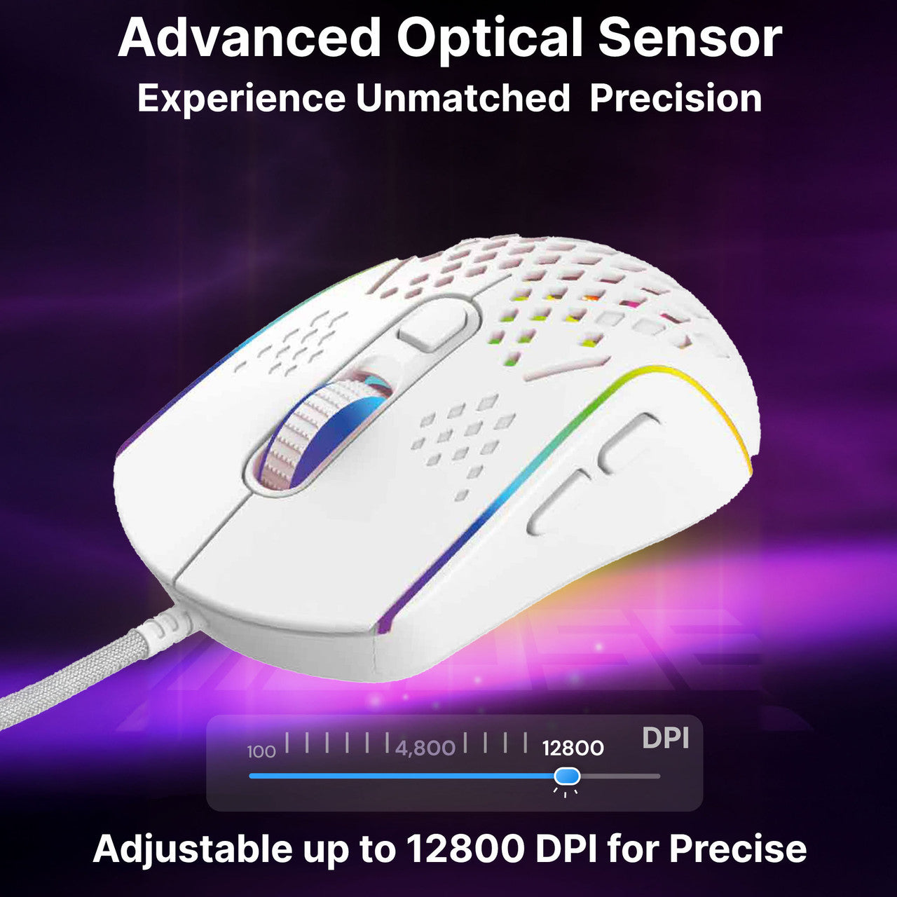 Laser RGB lightweight gaming mouse in white with optical sensor and 12800 DPI adjustment callout