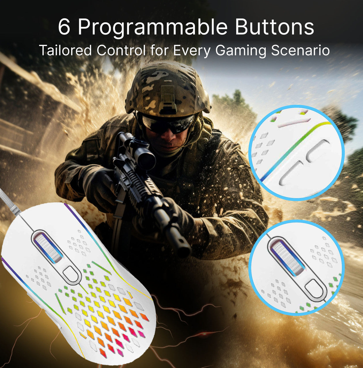 Laser RGB lightweight gaming mouse in white showing six programmable buttons feature callout