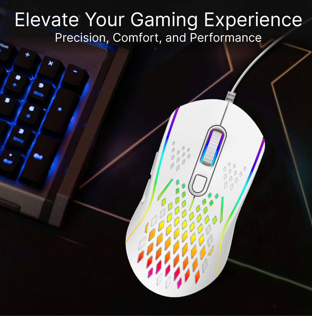 Laser RGB lightweight gaming mouse in white on RGB pad next to mechanical keyboard, top view