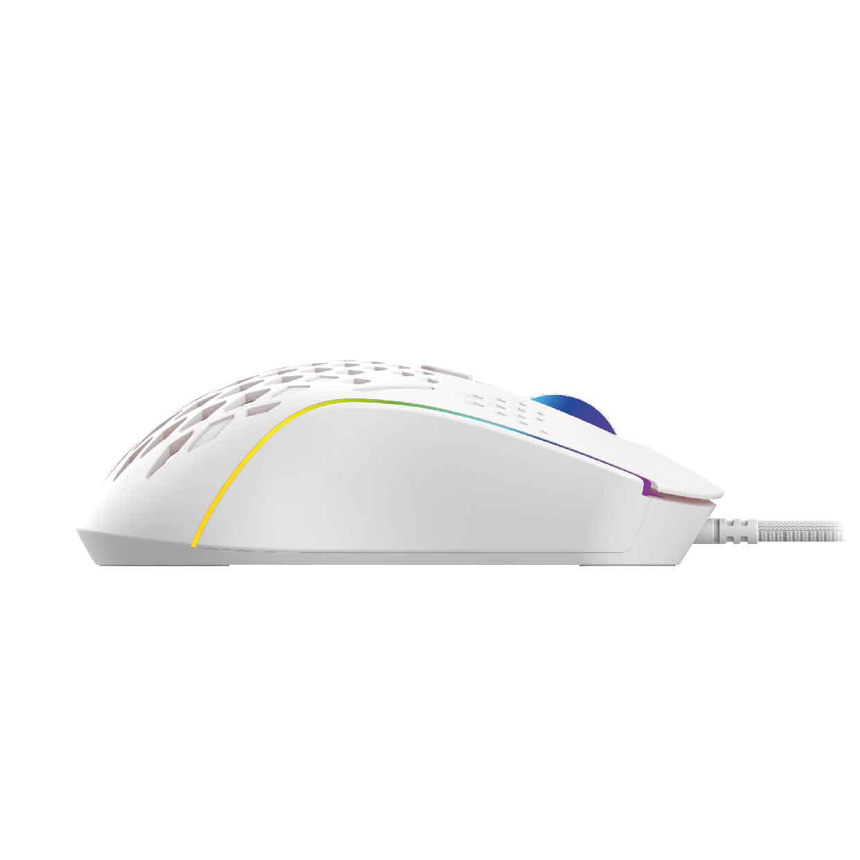 Side profile of Laser RGB lightweight gaming mouse white showing yellow RGB strip and honeycomb cutouts