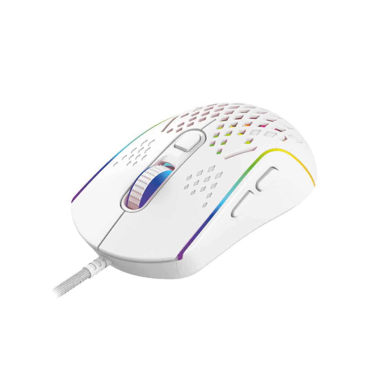 Three-quarter view of Laser RGB lightweight gaming mouse white with rainbow lit honeycomb shell