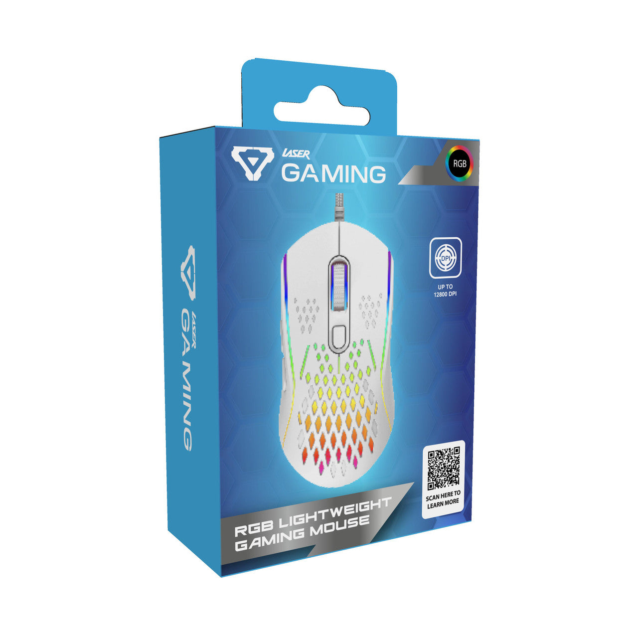 Laser RGB lightweight gaming mouse in white retail box front with up to 12800 DPI callout