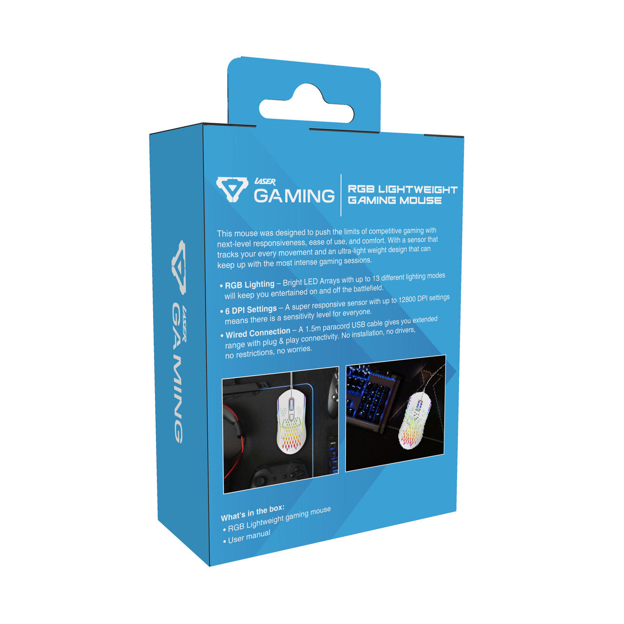 Laser RGB lightweight gaming mouse in white retail box back with features and what is in the box list